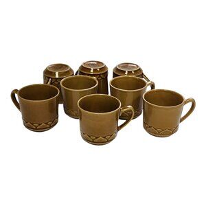 1980s Golden Seville Stoneware Coffee Mugs Set of 8 Vintage Retro Diner Style